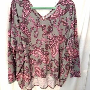 Paisley V-Neck Blouse - Pink and Gray